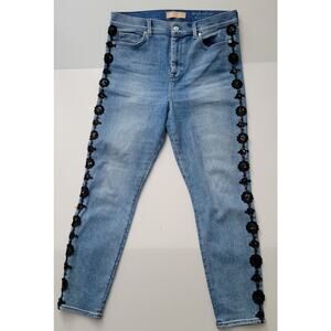 7 For All Mankind High Waist Ankle Skinny Jean Black Sequin Embroidery leg 32/26